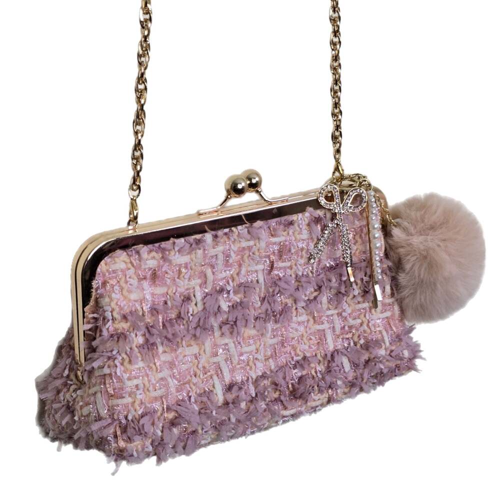 Pink Tweed Fringe Evening Clutch Gold Chain Strap and Pom-Pom Charm